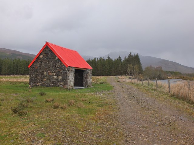 Barn with red roof, River Carron