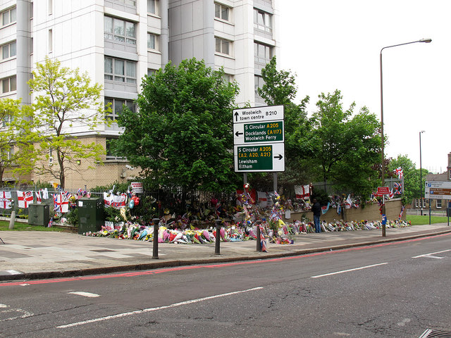Tributes to Lee Rigby on the corner of Rectory Place
