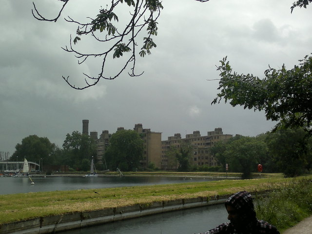 View of flats on Green Lanes and the Castle Climbing Centre from the New River Walkway