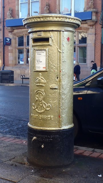 Gold Post Box outside Post Office on Hessle Road, Hull