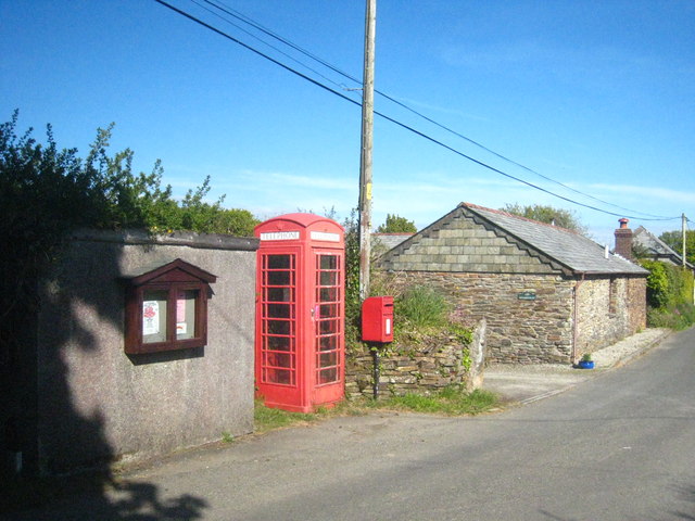 Telephone box, post box & bus shelter in Tremail village