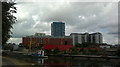 View of flats on Stratford High Street from the Lea Navigation