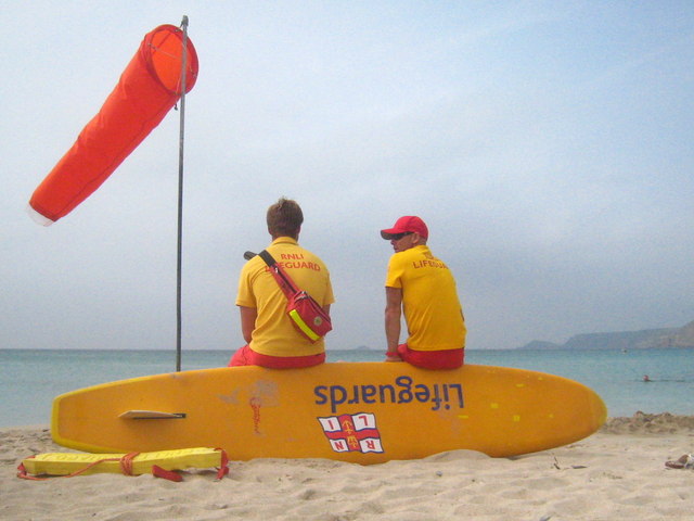 Lifeguards on duty at Sennen Cove beach