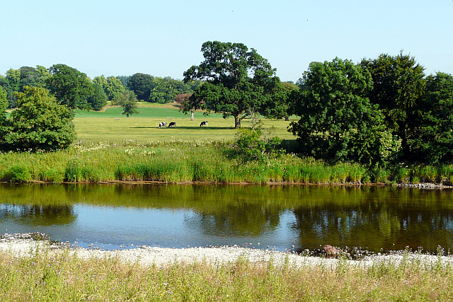 View across the River Esk to parkland at Netherby