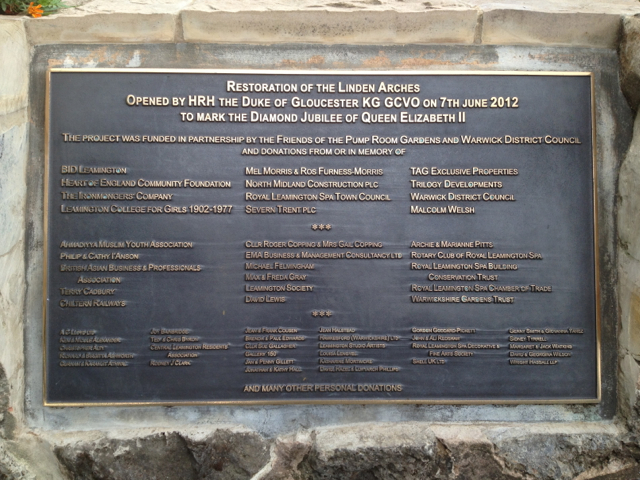 Plaque recording the opening of the Linden Arches, Leamington