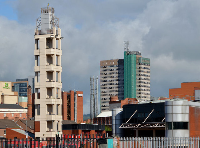 Fire Brigade training tower and Windsor House, Belfast