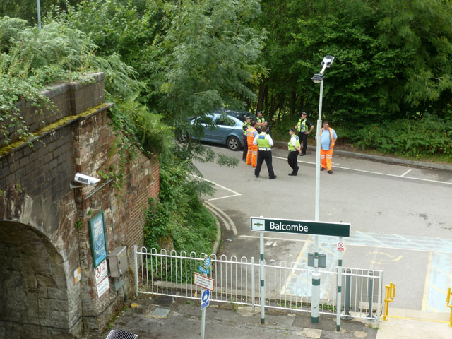 Police and others enjoying a joke, Balcombe station
