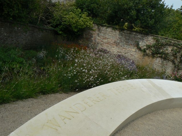 Engraved stone seat in Garden of Reflection, Bishop's Palace, Wells