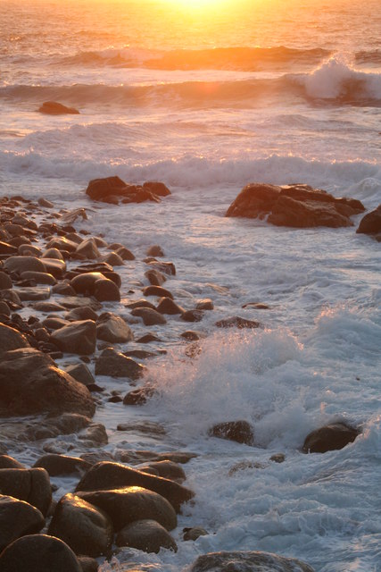 Rocky foreshore at sunset in Sennen Cove