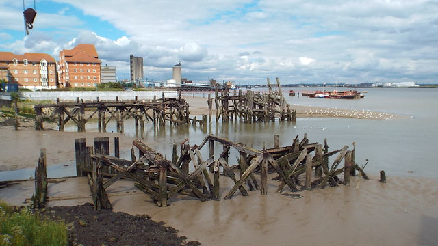 Derelict landing stages, River Thames at Erith