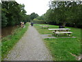 Picnic tables beside the canal at Gilwern