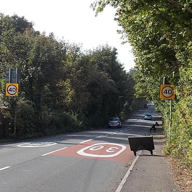 End of the 30mph speed limit along Cwmbach Road, Swansea