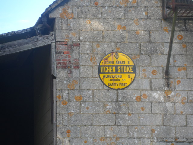 Old AA sign on lichen-spotted wall, Manor Farm, Itchen Stoke
