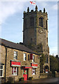 SD5868 : St Margaret's Church tower and Hornby Butchers shop by Karl and Ali
