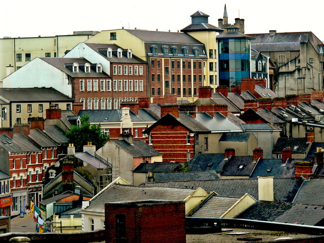 Derry - Buildings along Waterloo Street & Tower Hotel at Butcher Gate