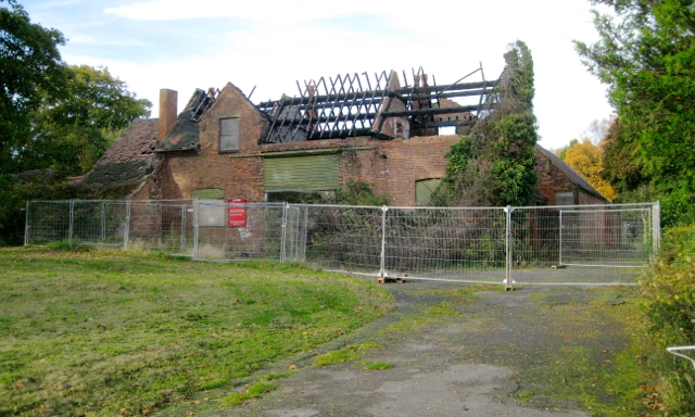 Burnt-out former farm buildings, Pype Hayes Park