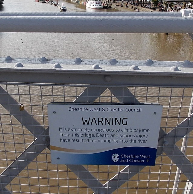 Warning notice on Queens Park Bridge, Chester