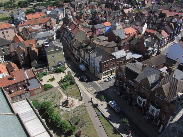 View down to Church St, Cromer from tower of St Peter & St Paul Church