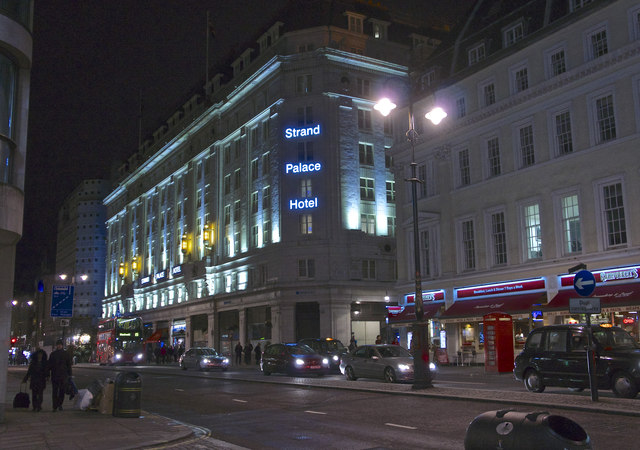 Strand Palace Hotel at night