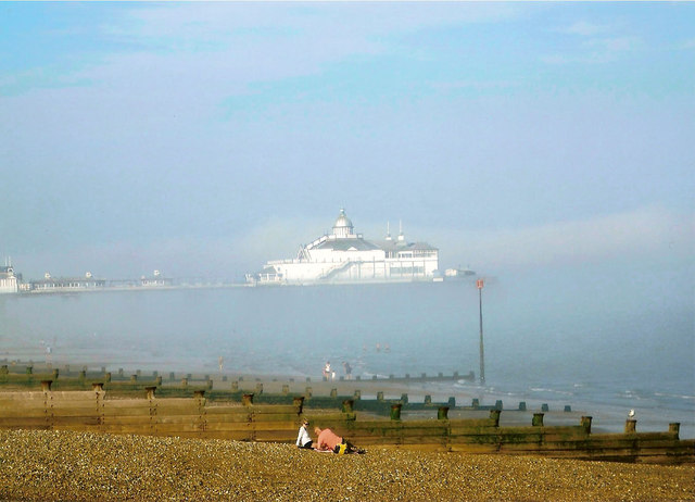 Eastbourne Pier in sea fret