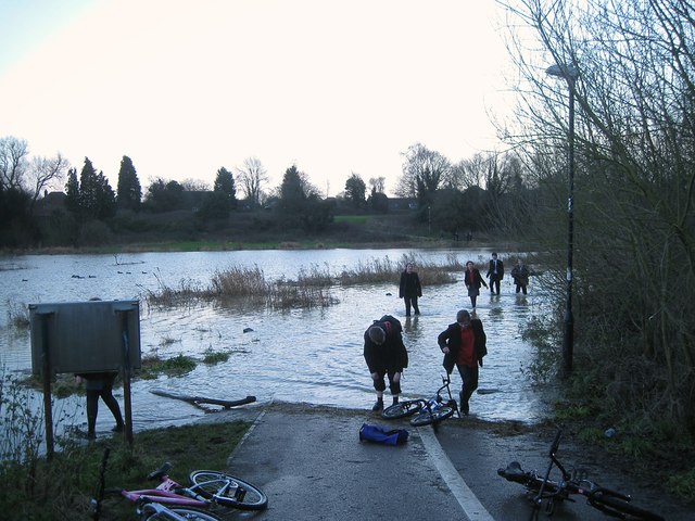 Cycleway’s flooded, so paddle home from school, Myton Fields, Warwick
