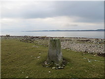 NR6949 : Trig point at Rhunahaorine Point at 2m above sea level is said to be the lowest in Scotland by John Ferguson