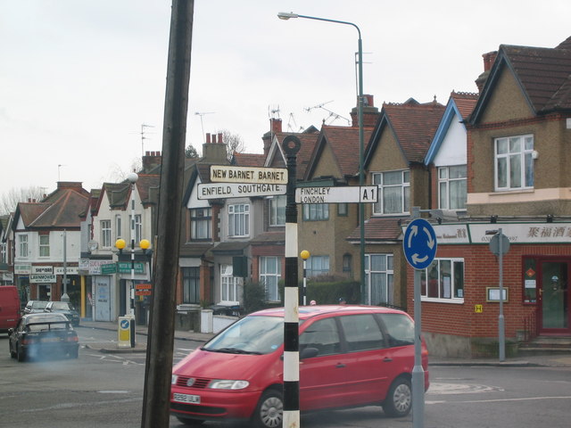 Signpost at the bottom of Longmore Avenue, East Barnet