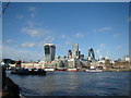 View of the Walkie Talkie building, Tower 42, the Cheese Grater and the Gherkin from the South Bank