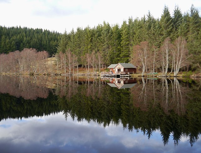 Boathouse reflections, on Aigas Loch