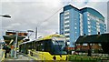 Metrolink tram at Ashton terminus about to set off for Eccles