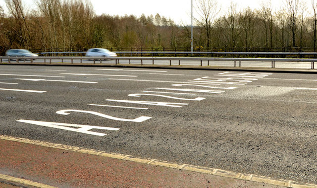 Road markings, Sydenham bypass, Tillysburn, Belfast (March 2014)
