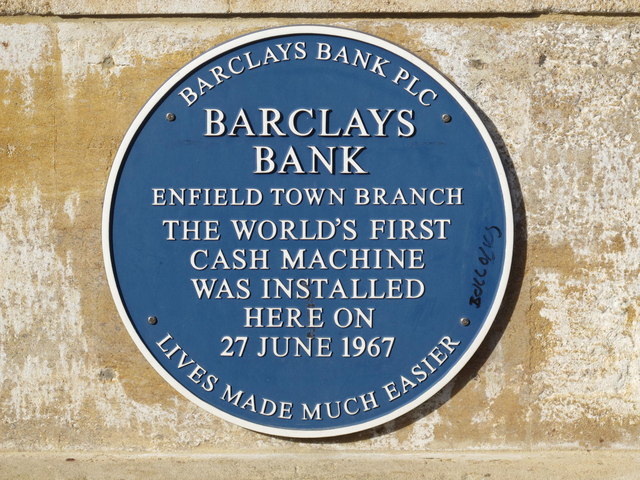 Blue plaque on Barclays Bank, Church Street, EN2