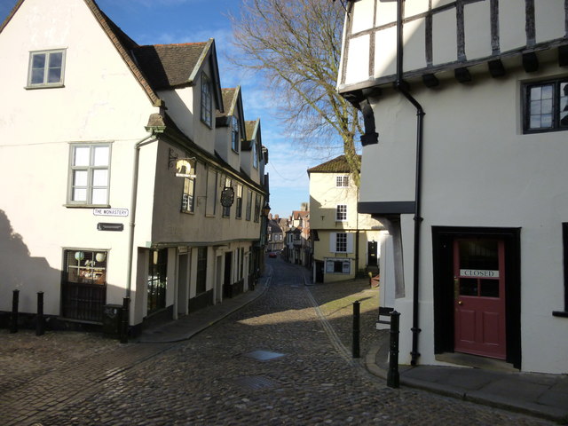Cobbled street and timber framed houses in Norwich