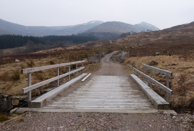 Track, bridge over Allt an Fhaing, with deer-fence & gates beyond