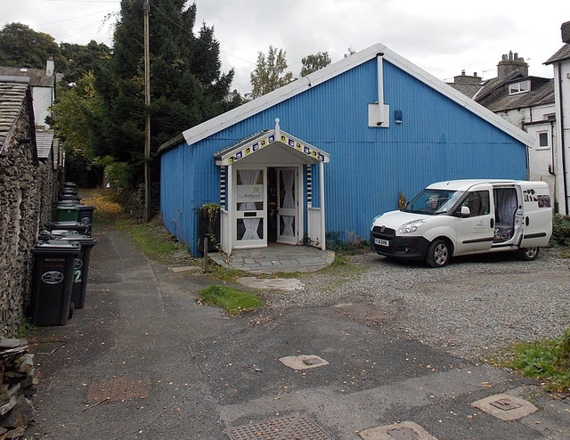 Blue corrugated metal building, Bowness-on-Windermere