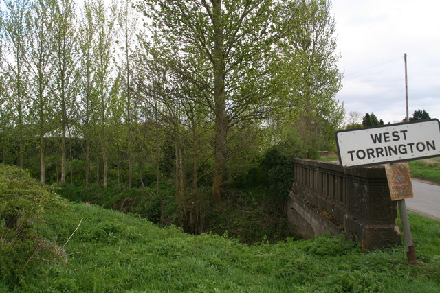 Concrete bridge and row of saplings, West Torrington