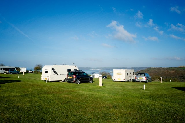 Caravan Club site at Down Thomas with Plymouth Sound beyond