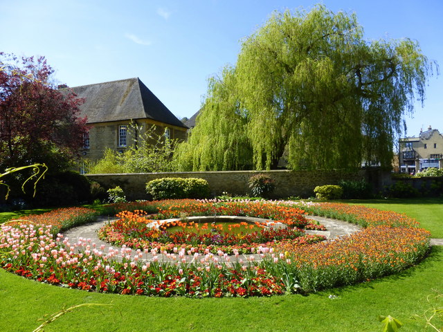 Flower beds, pond and fountain at Christ Church