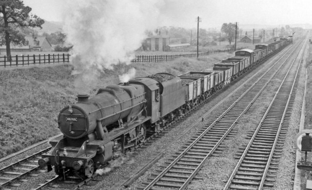 Up class H freight on the Erewash main line at Stoneyford, near Langley Mill, 1963