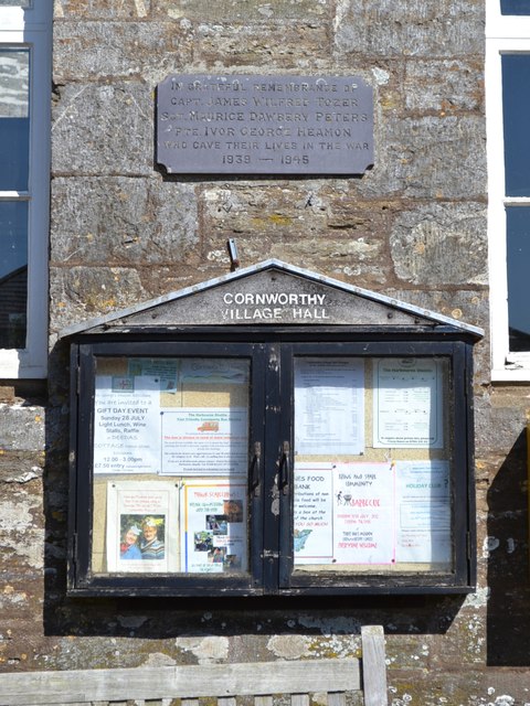 Village notices and a World War II memorial plaque, Cornworthy village hall