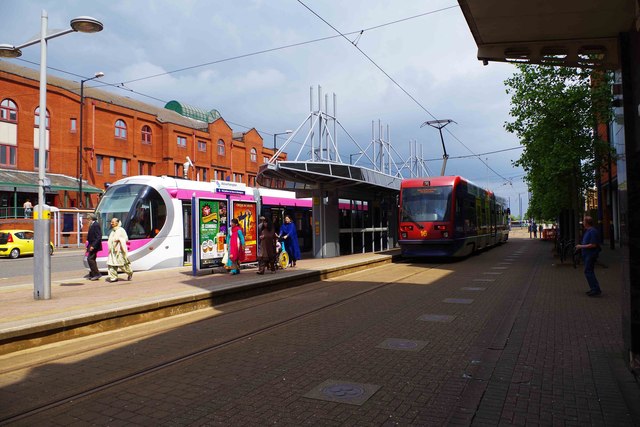 Midland Metro St. Georges tram stop with trams 16 & 20, Bilston Street, Wolverhampton
