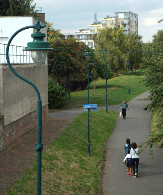 Surrey Canal Path, east end of Burgess Park, seen from Hill Street Bridge
