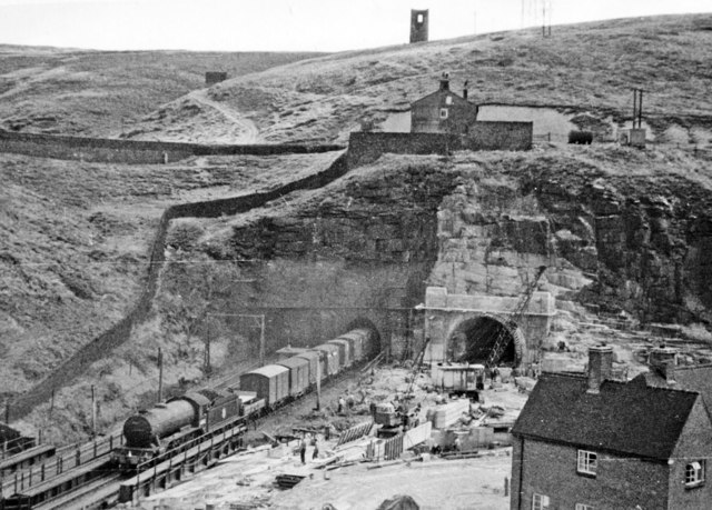 Woodhead Tunnel: west portal during construction of new tunnel, 1953