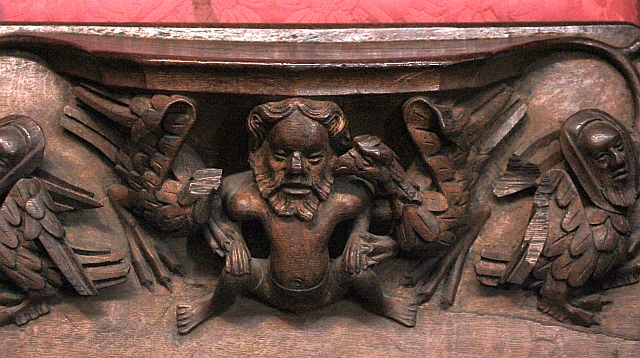 Bearded man misericord, Carlisle cathedral