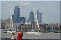 TQ3479 : View of the final four yachts passing the Heron Tower, Gherkin and Broadgate Tower in the reverse direction by Robert Lamb