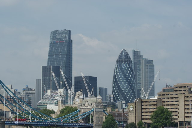 View of Heron Tower, the Gherkin and Broadgate Tower from Shad Thames