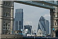 View of the Heron Tower, Gherkin and Broadgate Tower framed by Tower Bridge