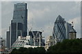 View of Heron Tower, the Gherkin and Broadgate Tower from Tower Bridge