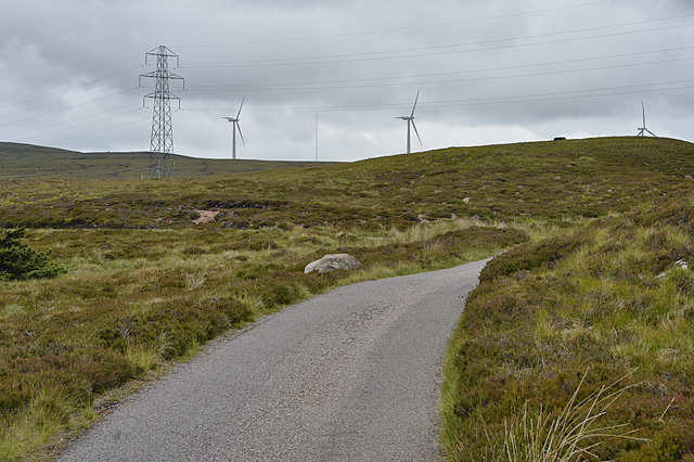 Moorland, pylons and windfarm