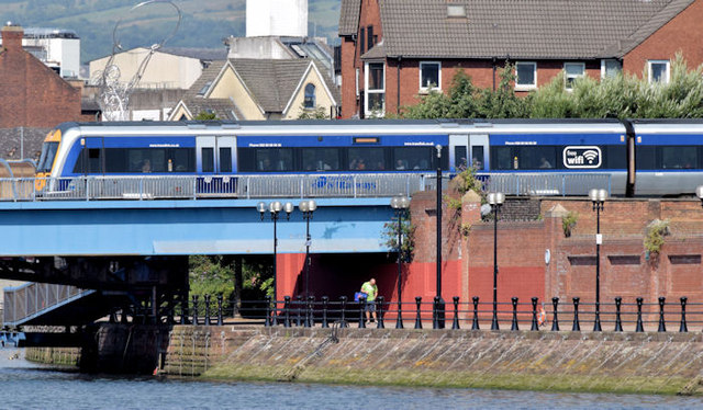 Train crossing the Laganside Walkway, Belfast (July 2014)
